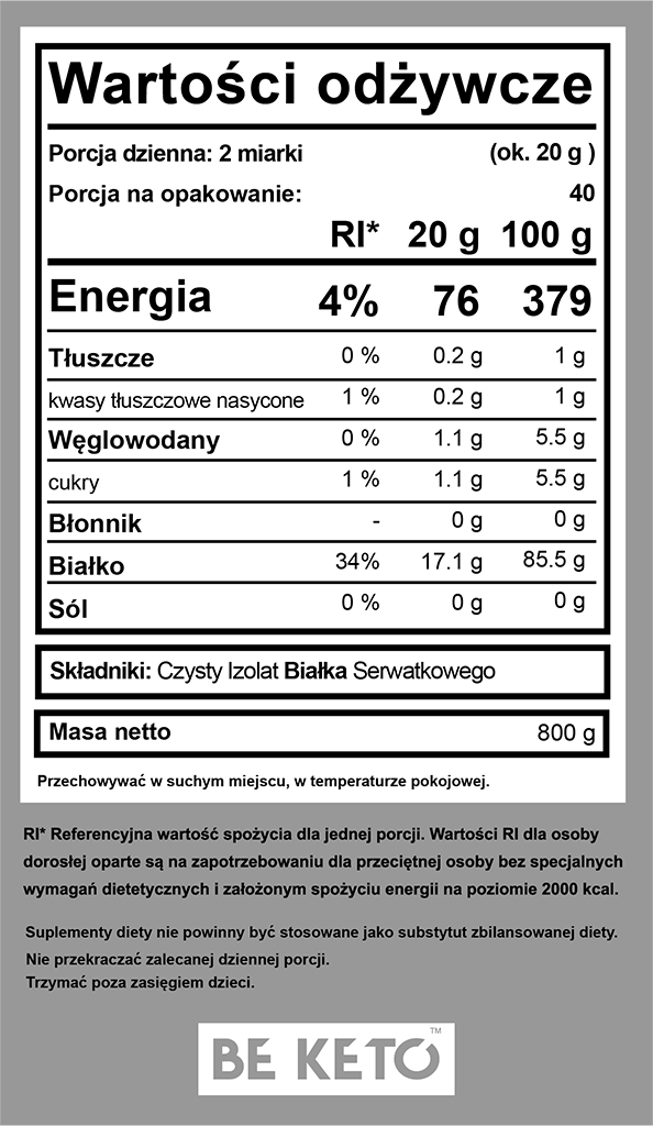 BeKeto Pure Protein Isolate, Unflavoured - 800 g