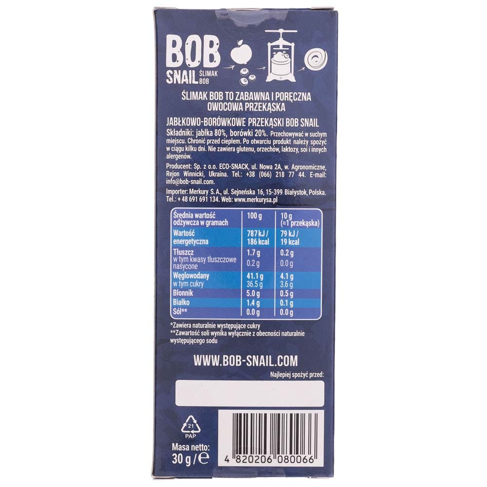 Bob Snail Apple & Blueberry Snack with No Added Sugar - 30 g